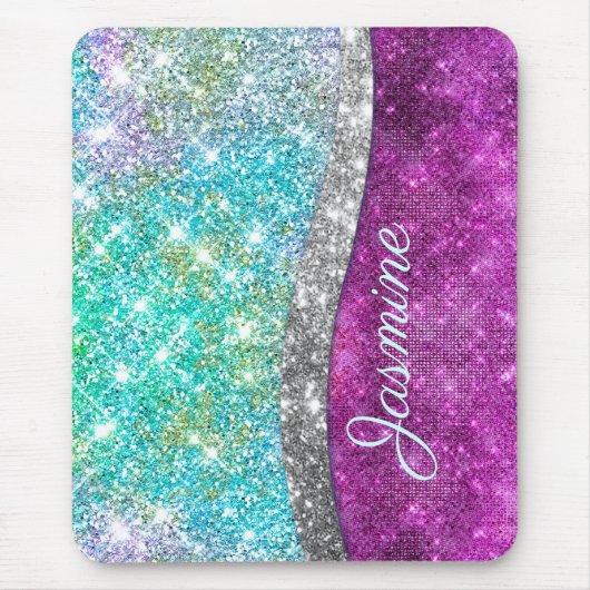 Cute iridescent paars blauwgroen faux glitter mono muismat (Voorkant)