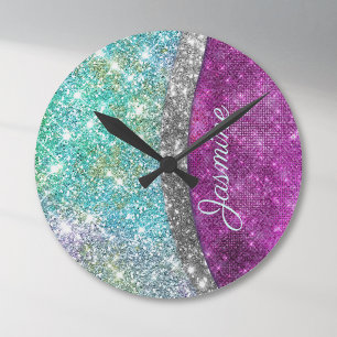 Cute iridescent paars blauwgroen faux glitter mono ronde klok