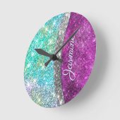 Cute iridescent paars blauwgroen faux glitter mono ronde klok (Hoek)