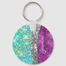 Cute iridescent paars blauwgroen faux glitter mono sleutelhanger