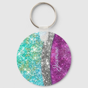 Cute iridescent paars blauwgroen faux glitter mono sleutelhanger