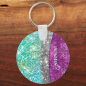 Cute iridescent paars blauwgroen faux glitter mono sleutelhanger (Voorkant)