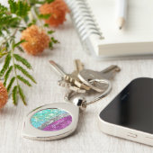 Cute iridescent paars blauwgroen faux glitter mono sleutelhanger (Zijkant)