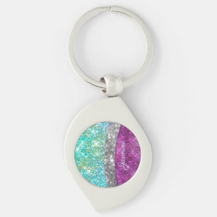 Cute iridescent paars blauwgroen faux glitter mono sleutelhanger