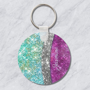 Cute iridescent paars blauwgroen faux glitter mono sleutelhanger