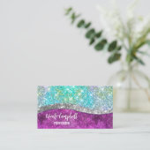 Cute iridescent paars blauwgroen faux glitter mono visitekaartje (Staand voorkant)