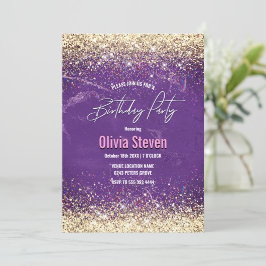 Cute iridescent paars goudfaux glitter monogram kaart (Staand voorkant)