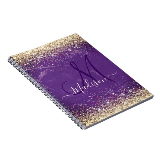 Cute iridescent paars goudfaux glitter monogram notitieboek (Rechterzijde)