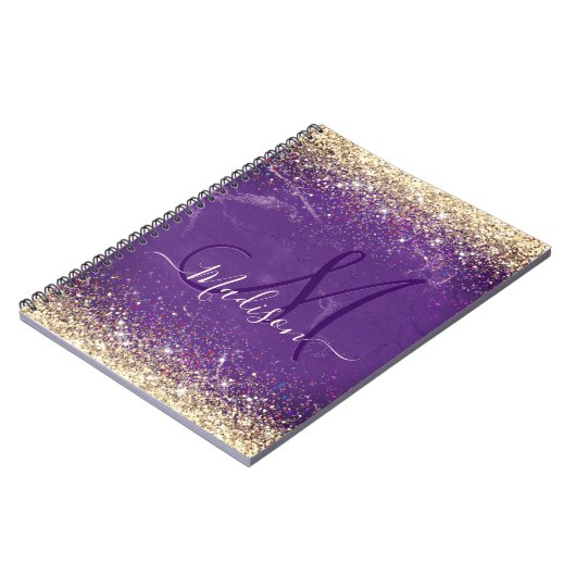 Cute iridescent paars goudfaux glitter monogram notitieboek (Linkerzijde)