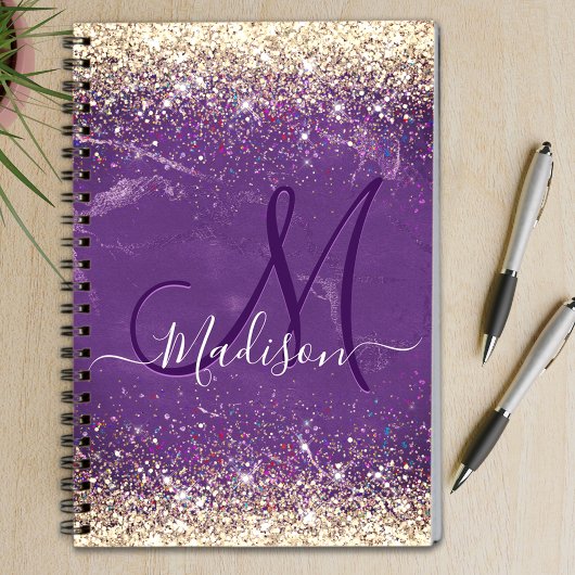 Cute iridescent paars goudfaux glitter monogram notitieboek