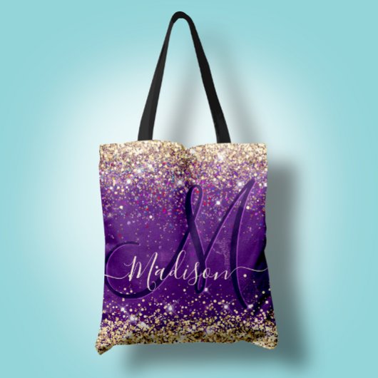 Cute iridescent paars goudfaux glitter monogram tote bag