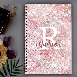 Cute iridescent roos gold faux glitter monogram notitieboek