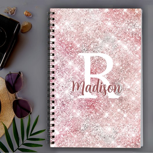 Cute iridescent roos gold faux glitter monogram notitieboek