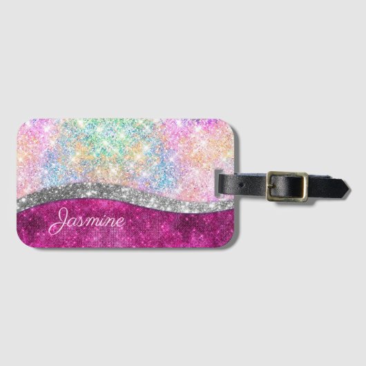 Cute iridescent roze faux glitter monogram bagagelabel (Voorkant (horizontaal))