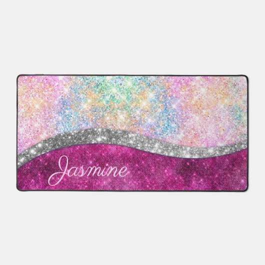 Cute iridescent roze faux glitter monogram bureaumat (Voorkant)