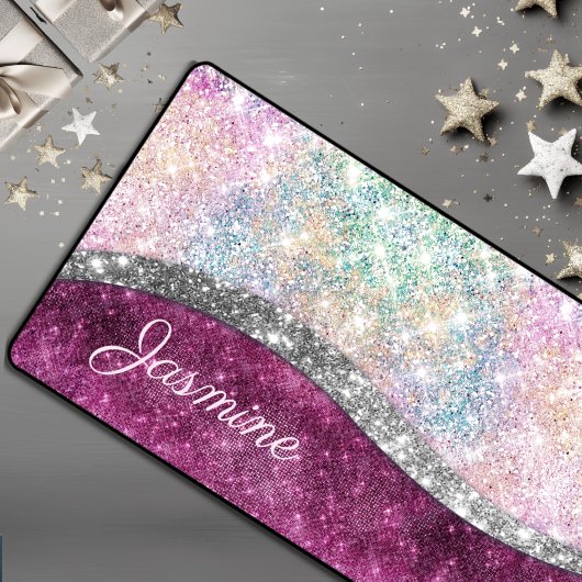 Cute iridescent roze faux glitter monogram bureaumat