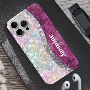 Cute iridescent roze faux glitter monogram iPhone 16 pro hoesje