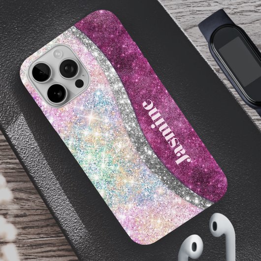 Cute iridescent roze faux glitter monogram Case-Mate iPhone case