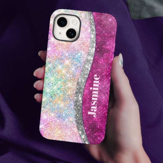 Cute iridescent roze faux glitter monogram Case-Mate iPhone case