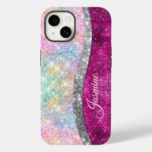 Cute iridescent roze faux glitter monogram Case-Mate iPhone 14 hoesje