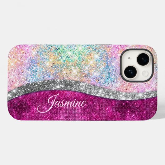 Cute iridescent roze faux glitter monogram Case-Mate iPhone case (Achterkant (horizontaal))
