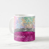 Cute iridescent roze faux glitter monogram koffiemok (Voorkant links)