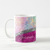 Cute iridescent roze faux glitter monogram koffiemok (Links)