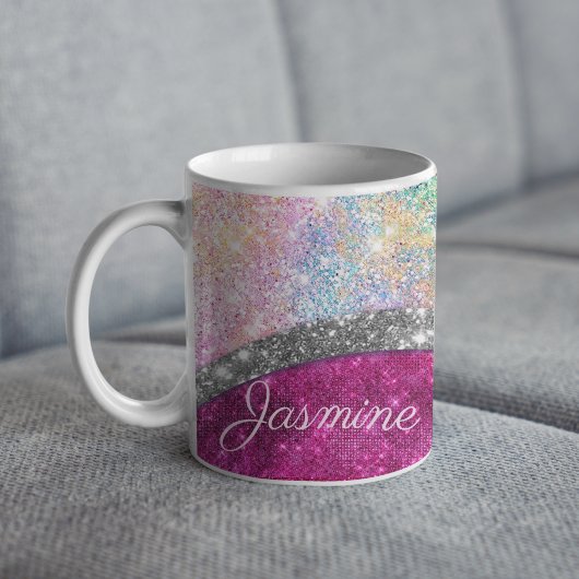 Cute iridescent roze faux glitter monogram koffiemok