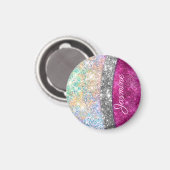 Cute iridescent roze faux glitter monogram magneet (Voorkant / Achterkant)