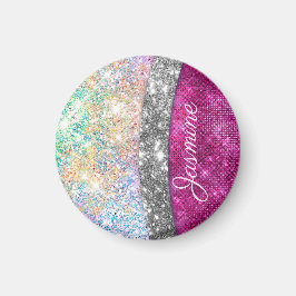 Cute iridescent roze faux glitter monogram magneet