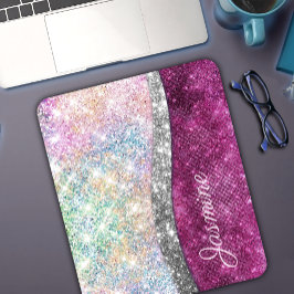 Cute iridescent roze faux glitter monogram muismat