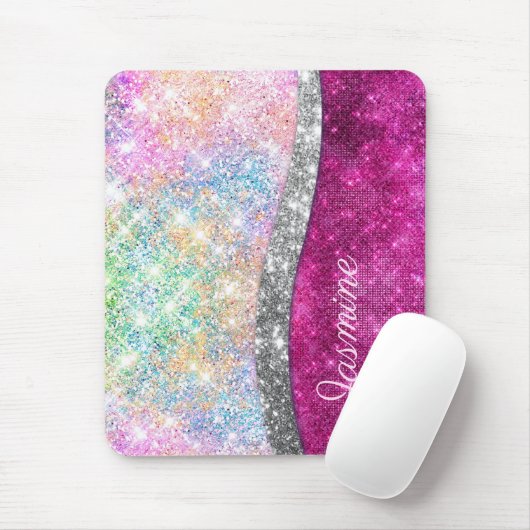 Cute iridescent roze faux glitter monogram muismat (Met muis)