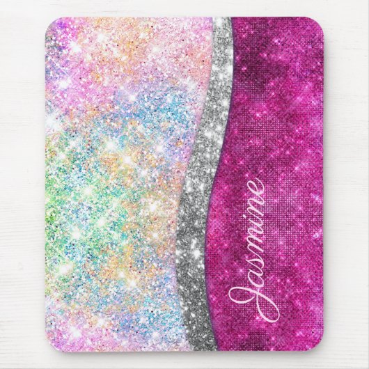 Cute iridescent roze faux glitter monogram muismat (Voorkant)