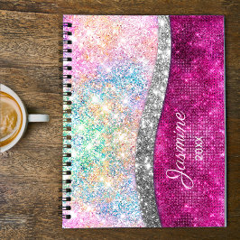 Cute iridescent roze faux glitter monogram planner