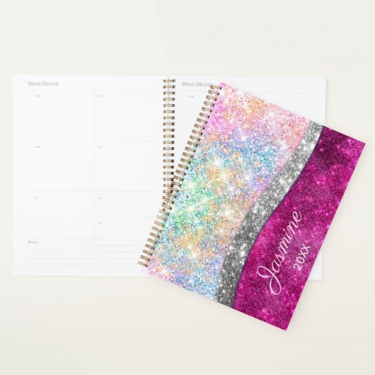 Cute iridescent roze faux glitter monogram planner (Display)