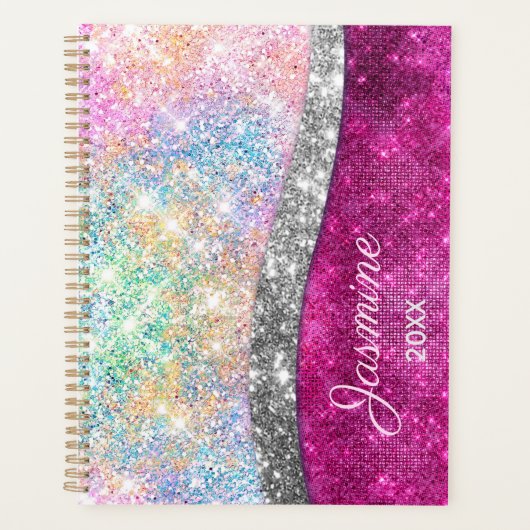 Cute iridescent roze faux glitter monogram planner (Voorkant)