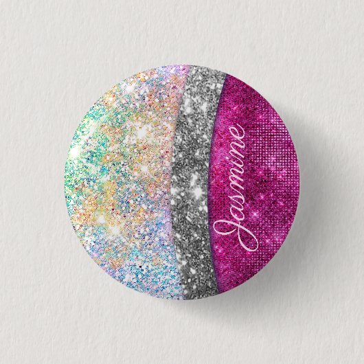 Cute iridescent roze faux glitter monogram ronde button 3,2 cm (Voorkant)