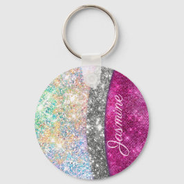 Cute iridescent roze faux glitter monogram sleutelhanger