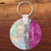 Cute iridescent roze faux glitter monogram sleutelhanger (Voorkant)