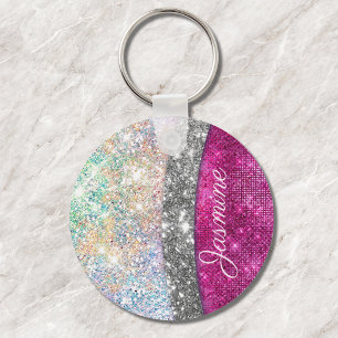 Cute iridescent roze faux glitter monogram sleutelhanger