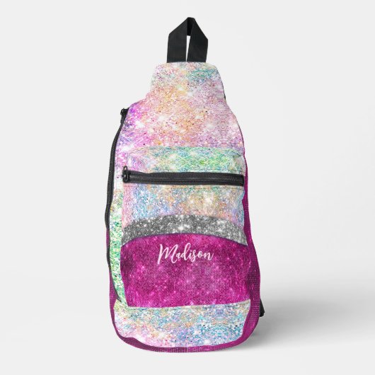 Cute iridescent roze faux glitter monogram sling bag (Voorkant)