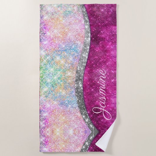 Cute iridescent roze faux glitter monogram strandlaken (Voorkant)