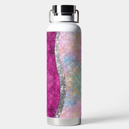 Cute iridescent roze faux glitter monogram waterfles (Achterkant)