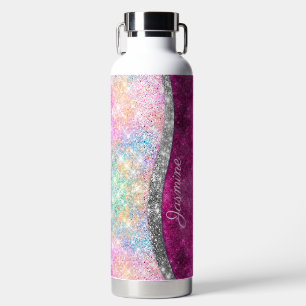 Cute iridescent roze faux glitter monogram waterfles