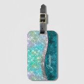 Cute iridescent turquoise faux glitter monogram bagagelabel (Voorkant (verticaal))