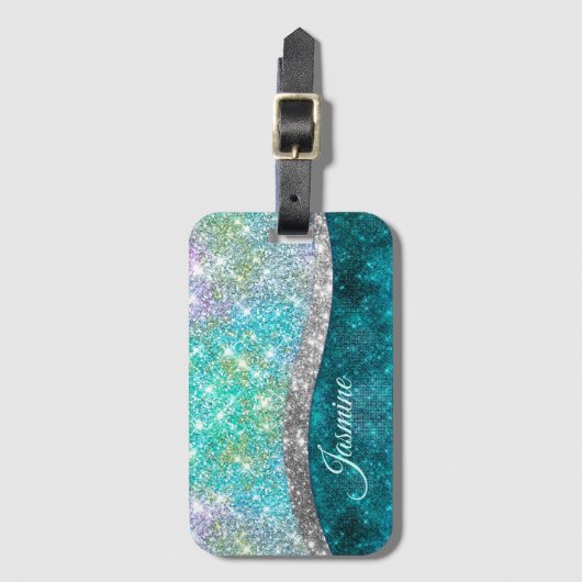 Cute iridescent turquoise faux glitter monogram bagagelabel (Voorkant (verticaal))
