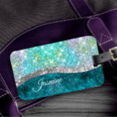 Cute iridescent turquoise faux glitter monogram bagagelabel