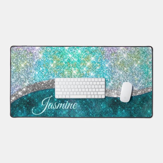 Cute iridescent turquoise faux glitter monogram bureaumat (Keyboard & Muis)