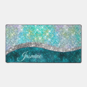 Cute iridescent turquoise faux glitter monogram bureaumat (Voorkant)