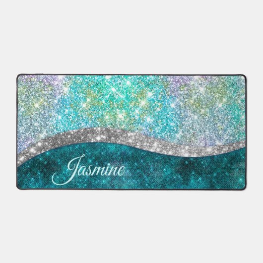 Cute iridescent turquoise faux glitter monogram bureaumat (Voorkant)